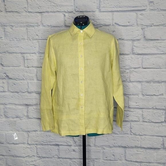 Talbots Tops - TALBOTS Womens citrine green 100% Irish linen button down shirt lagenlook Sz 8P